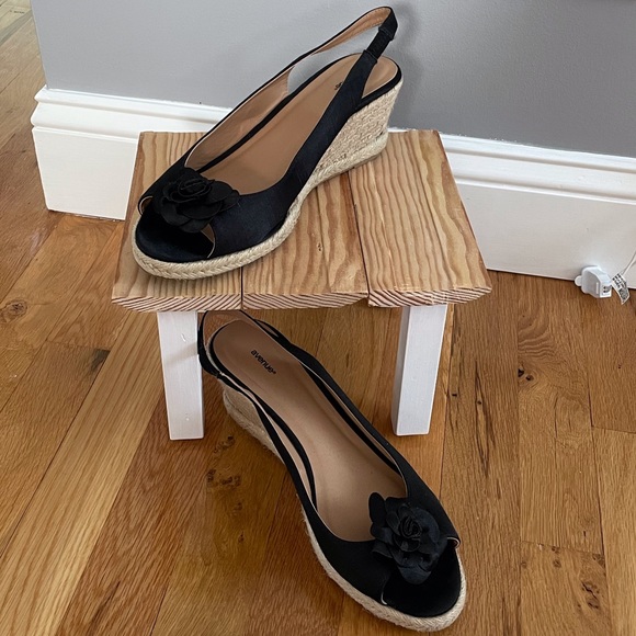 Black Satin Open Toed Wedges - Picture 2 of 7